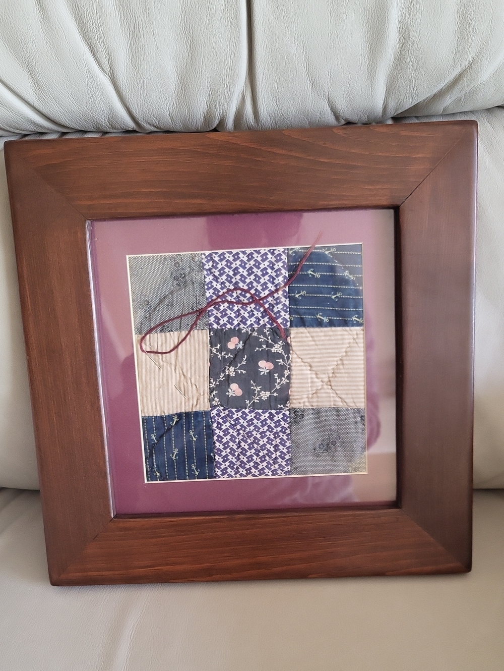 Wood Frame Vtg Quilted 9 Patch Block Wall Art/Country Blue/OLD ORDER MENNONITES